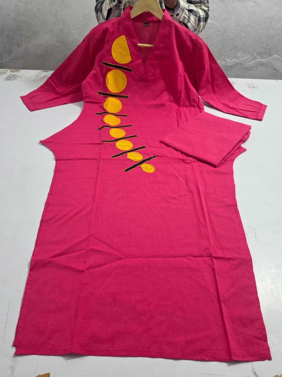 Women’s Pink Straight Kurta with Matching Bottom – Golden Embroidered Designer Kurta S
