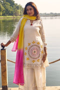 Women’s Off-White Embroidered Cotton Kurta Set with Yellow-Pink Ombre Dupatta | Lace Work | Regular Fit