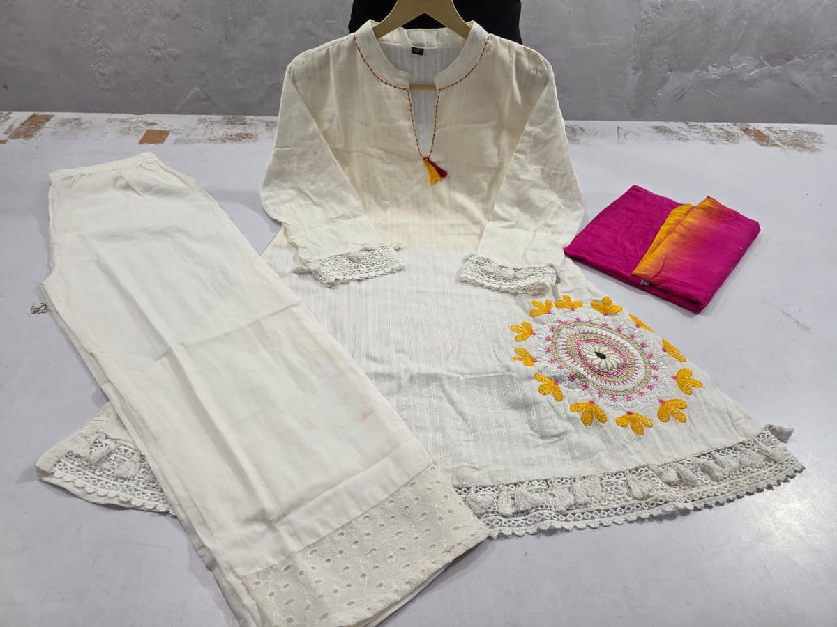 Women’s Off-White Embroidered Cotton Kurta Set with Yellow-Pink Ombre Dupatta | Lace Work | Regular Fit