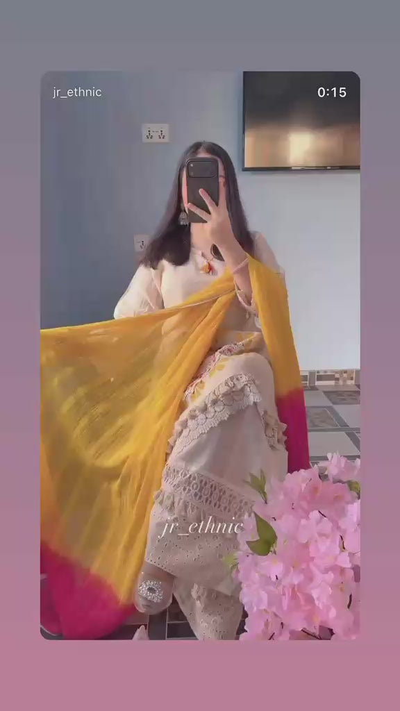 Women’s Off-White Embroidered Cotton Kurta Set with Yellow-Pink Ombre Dupatta | Lace Work | Regular Fit